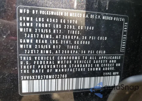 2024 Volkswagen Taos S z USA, uszkodzony, nr VIN 3VV5X7B27RM072768